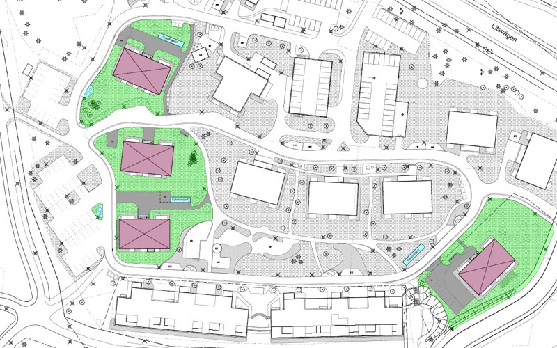 En ritning med översikt på Områden Tallåsen på Stadsdel Norr. Fyra nya hus som ska byggas är markerade med i lila och grönt.