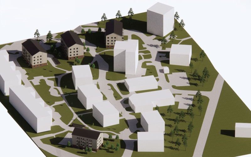 En datorgenererad bild av en tallåsen med tidigare byggnader som vita siluetter och de nya i beige och brunt med svarta tak.